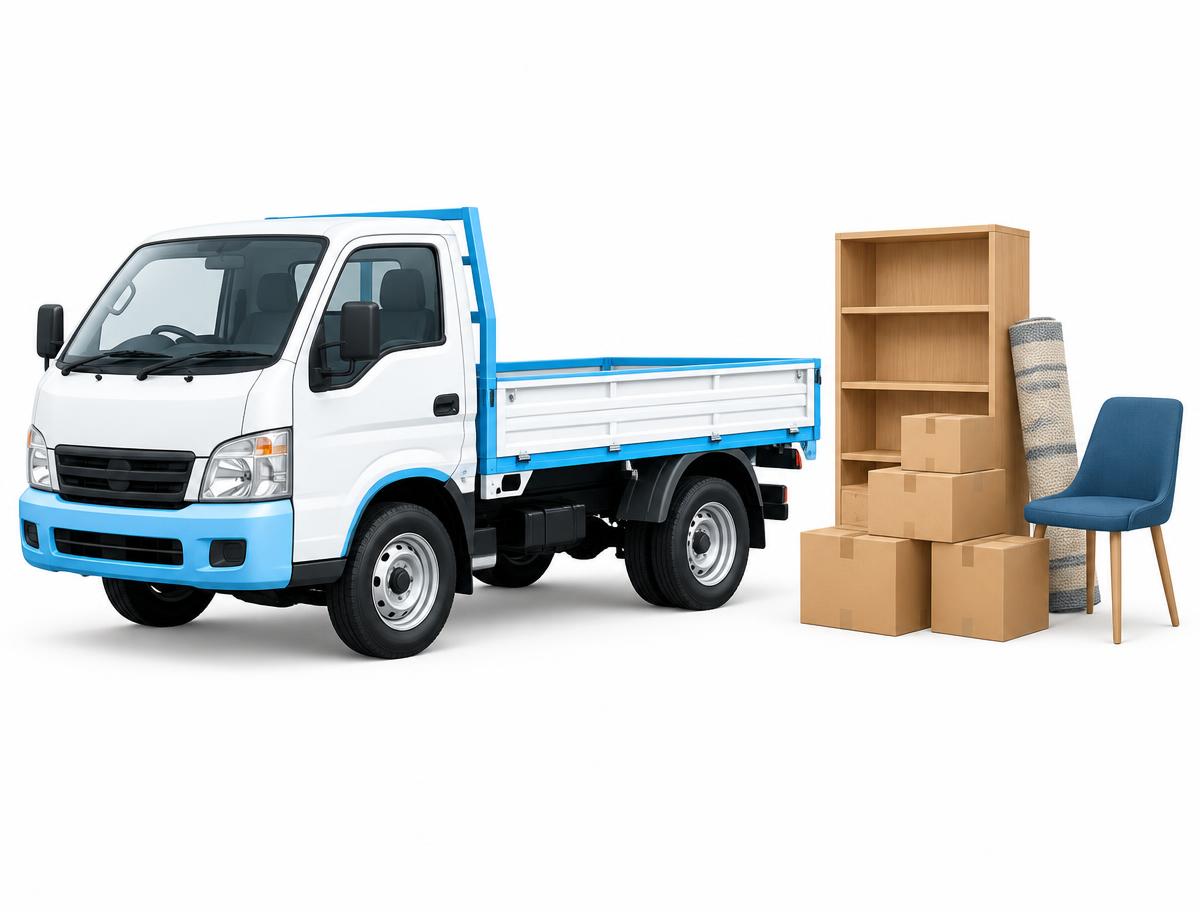 Junk removal truck with household furniture and boxes for pickup in Shoreline